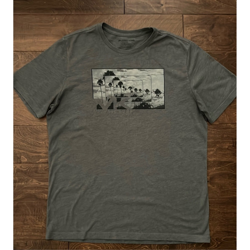 Michael Kors Mens T-Shirt XL Gray Palm Tree Graphic Crew Neck Tee